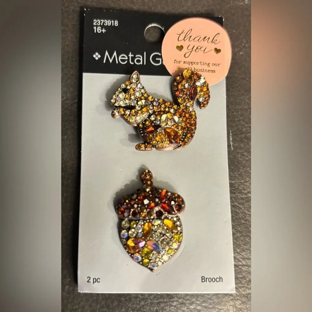 New! Metal Gallery Squirrel & Acorn Rhinestone Brooches NWT